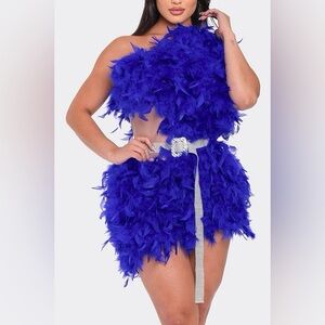 One Shoulder Blue Feather Dress
